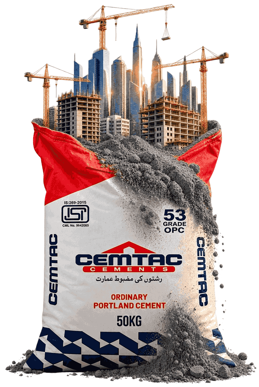 Cemtac Cement bag rising into a skyline of buildings